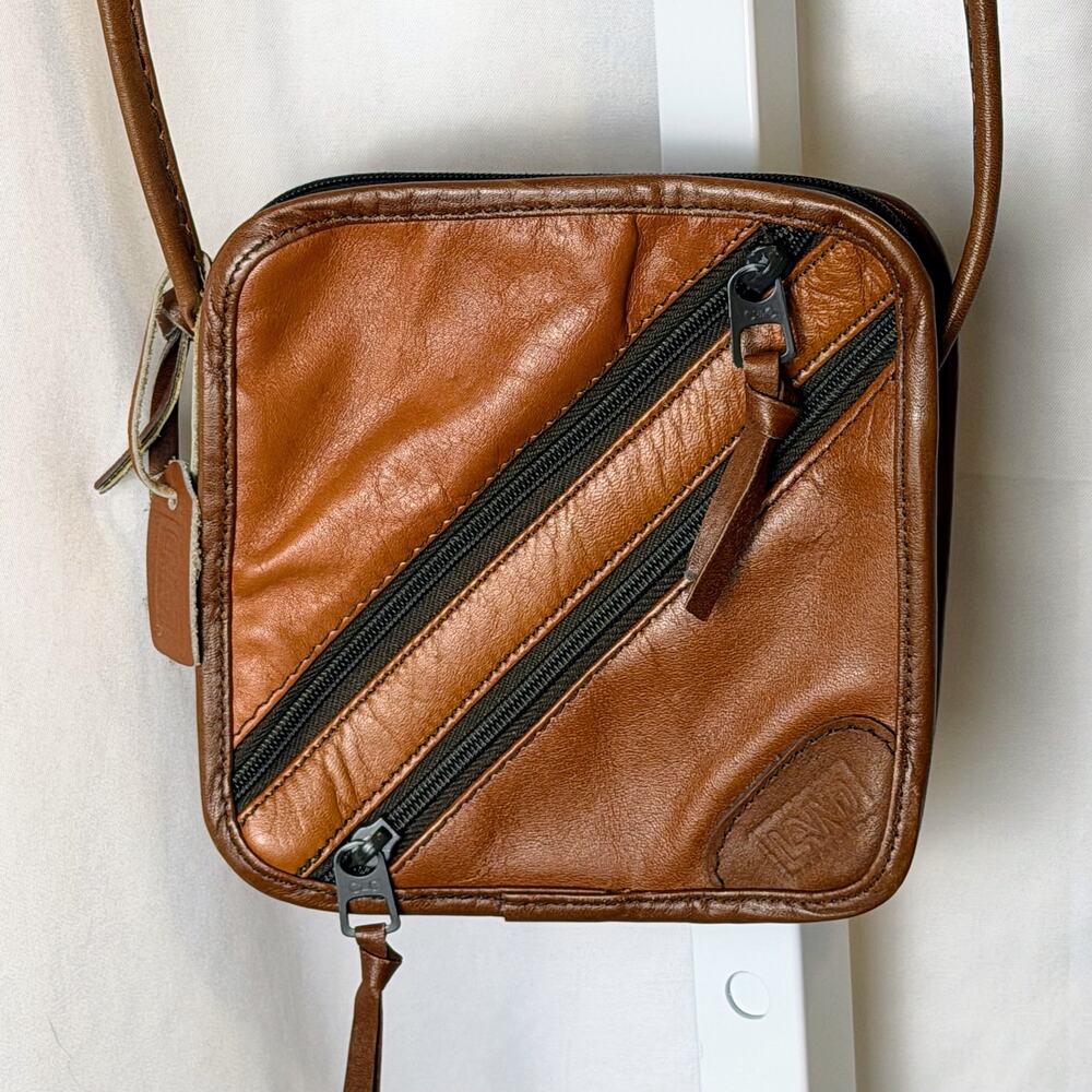 ViTG LAND Brown Leather Crossbody Bag Mens Unisex Small Zippered Purse Travel